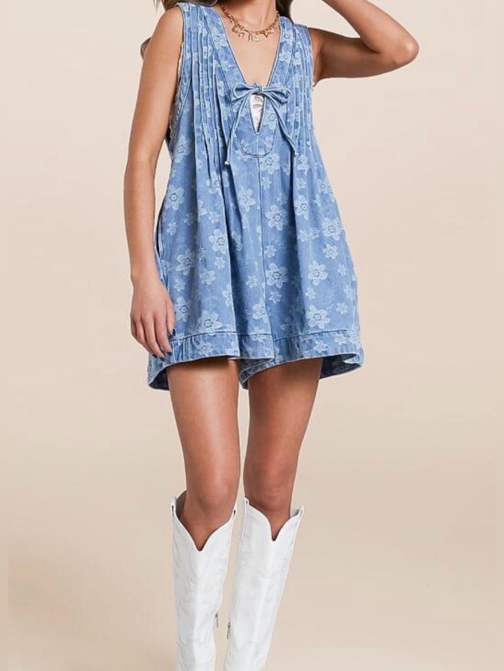 Floral Front Tie Denim Romper